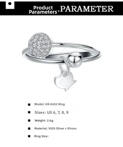 S925 silver ring detail featuring zircon pavé and hanging fish charm with size chart