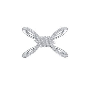 Silver rope knot ring featuring micro-pave crystals in a double row crossover design