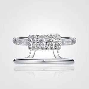 925 Sterling Silver Double Layer Pave Rhinestone Ring For Women Geometric Splice Open Band Elegant Fashion Jewelry Gift