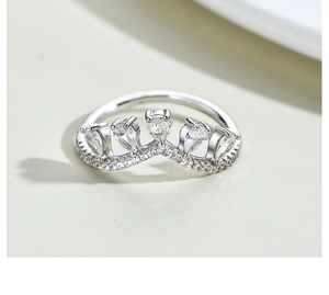 Macro detail of V-shaped S925 silver crown ring with teardrop zirconia stones