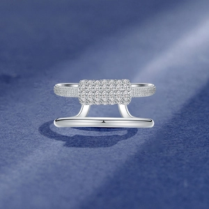 Double layered sterling silver ring with micro-pave rectangular panel and milgrain edges