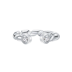 Minimalist S925 sterling silver twist cuff ring featuring dual round cubic zirconia stones