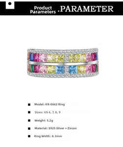 Makro-Detail von S925 Sterlingsilber Ring mit bunten Regenbogen Zirkon Edelsteinen