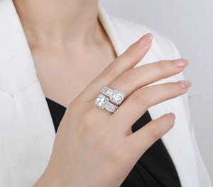 Macro shot of 925 sterling silver ring featuring a halo-set Asscher cut gemstone