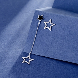 Asymmetric S925 sterling silver star drop earrings with elegant long tassels