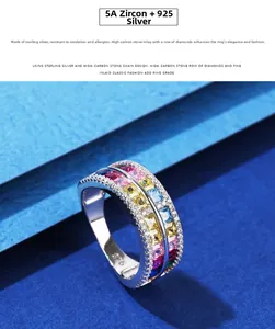 Makroaufnahme von S925 Sterlingsilber Ring mit bunten Regenbogen Zirkonia Steinen