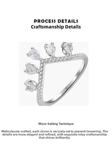 Macro detail of V-shaped crown ring featuring micro-pave pear-cut cubic zirconia