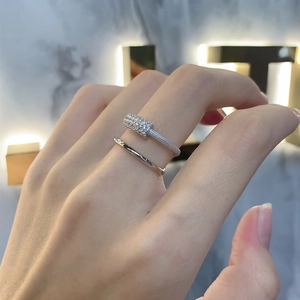 Elegant 925 sterling silver double-layer open ring with pavé-set zircons and textured finish
