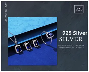 Detail eines 925er Silber Schmucksets mit blauen Steinen im Smaragdschliff und Diamanten