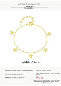 Vue détaillée du bracelet fleurs à cinq feuilles en argent S925 plaqué or avec dimensions