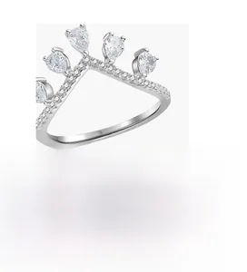 Detailed macro view of S925 silver crown ring with teardrop diamonds and V-shape band
