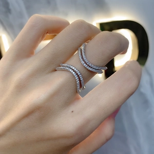 Exaggerated silver V-shape layered ring with white pavé cubic zirconia for women