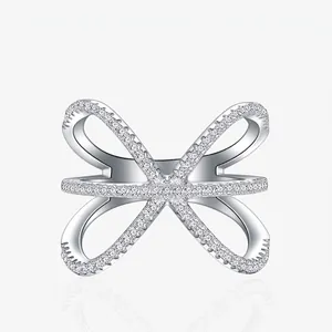 Luxury 925 Sterling Silver Criss Cross X Ring For Women Pave Zirconia Micro-Inlaid Fashion Jewelry Chic Gift Ring