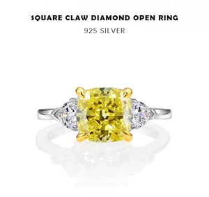 Macro detail of 925 silver square yellow gemstone open ring with side triangular stones