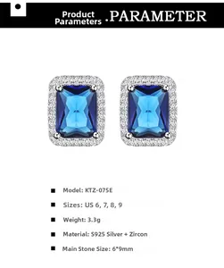 Macro detail of S925 silver stud earrings with 6x9mm rectangle blue sapphire zircon
