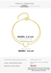 Detailed specs of S925 sterling silver double-layer star and moon bracelet with dimensions