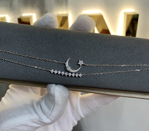 Detail of S925 silver double layer necklace with crescent moon and sparkling row diamonds