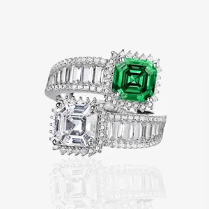 Luxury 925 Sterling Silver Toi Et Moi Ring For Women Emerald Asscher Cut Square Rhinestone Inlaid Double Stone Adjustable Ring Jewelry