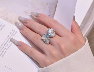 Close-up of 925 silver butterfly ring with blue gemstone on a hand over book pages