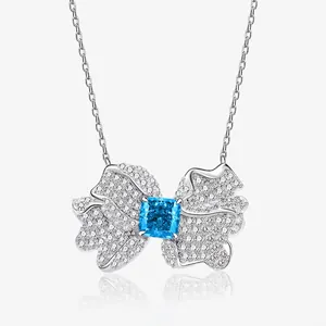 925 Sterling Silver Butterfly Wing Pendant Necklace For Women Square Colorful Rhinestone Elegant Bowknot Jewelry Gift