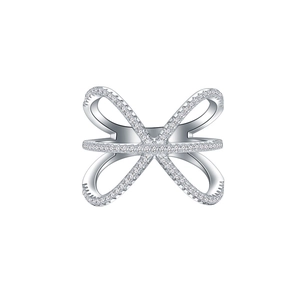 Exaggerated 925 sterling silver hollow crisscross ring with pavé-set shimmering cubic zirconia