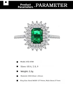 Detail view of S925 silver ring with rectangle green zircon and halo micro-pave crystals
