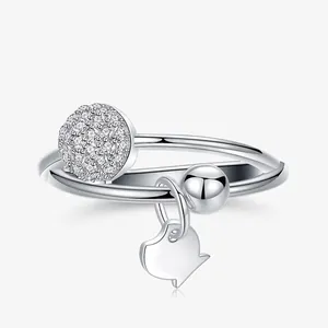 925 Sterling Silver Fish Dangle Ring For Women Sparkling Rhinestone Double Layered Band Finger Ring Fashion Jewelry