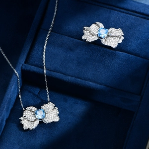 925 Sterling silver butterfly jewelry set with blue rectangular stone and pavé zircon