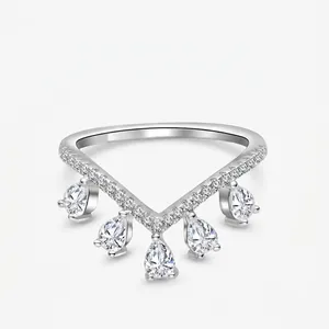 925 Sterling Silver Crown Ring Elegant V-shaped Pear-cut Zirconia Water Drop Ring For Women Fashion Jewelry Wedding Party Gift