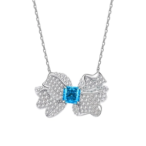 S925 sterling silver necklace with butterfly pendant and square blue gemstone