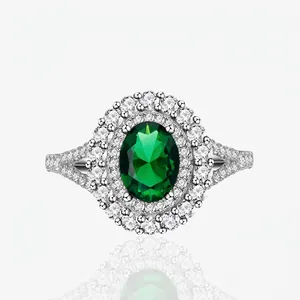 Bague Halo en Argent Sterling 925 Vintage Avec Émeraude Synthétique Ovale Rubis Saphir pour Femme Bijoux de Luxe Incrustés de Strass