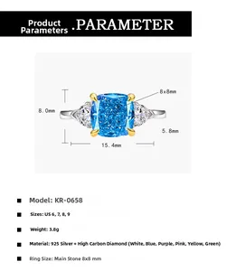 Detailed technical chart of a 925 silver ring with 8x8mm blue gemstone and dimensions