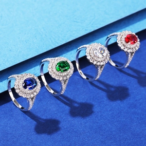 Bagues halo en argent S925 avec émeraudes et rubis de taille ovale sertis