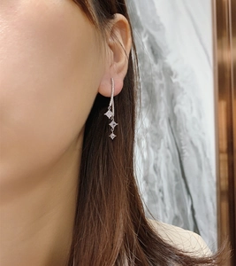 Detail of S925 sterling silver drop earrings with three princess-cut square zircons
