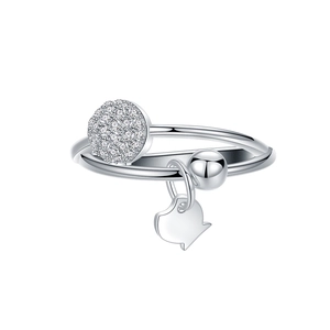 925 Sterling Silver ring featuring a polished sphere and a cat silhouette charm pendant