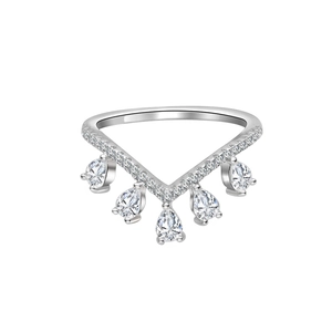 Elegant S925 sterling silver V-shaped ring with teardrop diamonds and crown fringe