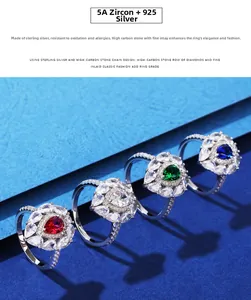 Macro view of teardrop emerald and ruby rings with 925 silver and pave zircon settings