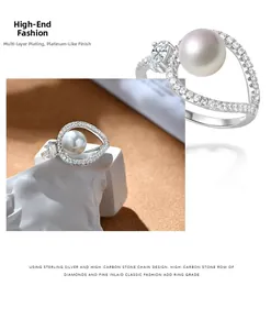 Detailed view of S925 silver pearl ring with teardrop pavé setting and layered plating