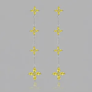 S925 Sterling Silver Petal Tassel Drop Earrings For Women Elegant Yellow Rhinestone Long Dangle Earrings Party Jewelry