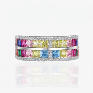 925 Sterlingsilber Ring Bunte Quadratische Zirkonia Regenbogen Pave Design Mode Westlicher Stil Für Damen Party Schmuck