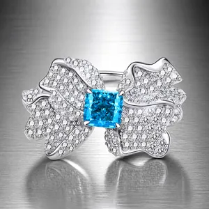 925 Sterling Silver Butterfly Wing Ring For Women Inlaid Square Light Sea Blue Zirconia Elegant Bowknot Jewelry Finger Ring Gift