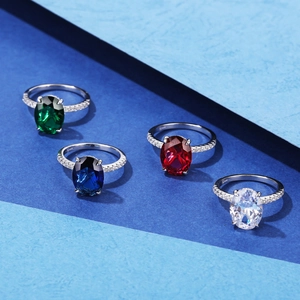 S925 sterling silver ring set with oval colorful gemstones in red blue green and white