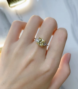 Close-up of a 925 silver yellow square cushion cut gemstone ring on a female finger