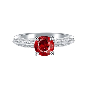 Classic 4-claw S925 silver ring featuring a round red gemstone and leaf-shaped band