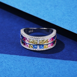 S925 Sterlingsilber Ring mit bunten quadratischen Edelsteinen in Doppelreihen-Fassung
