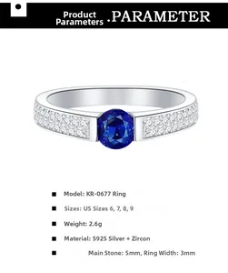 Detail specifications of S925 silver ring featuring 5mm blue zircon and micro-pave setting