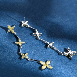 Elegant S925 silver petal tassel earrings with yellow marquise-cut crystals