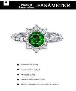 Detailed spec sheet for S925 silver ring featuring a 6mm green zircon with snowflake setting