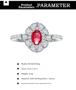 Detailed specs of S925 sterling silver ring with 4x6mm ruby oval zircon main stone