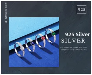 Detail of 925 sterling silver rings featuring rows of blue, red, green and white stones
